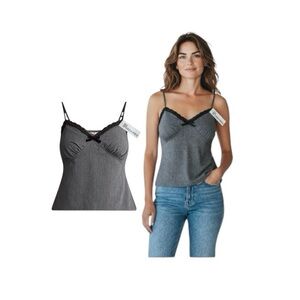 No Boundaries Charcoal Lace Trim Sweetheart Neckline Tank Top
